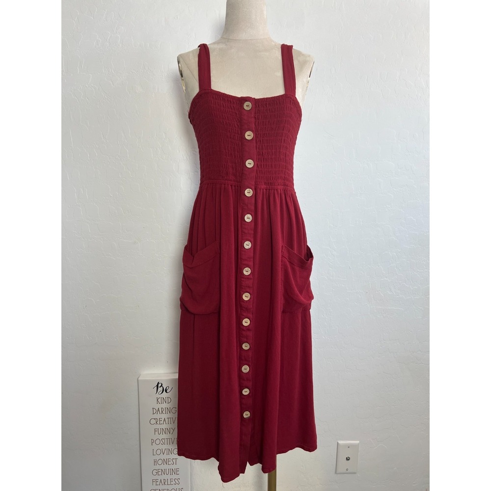 Good Luck Gem Women's burgundy Sleeveless V-Neck Front Button Midi Dress Size M